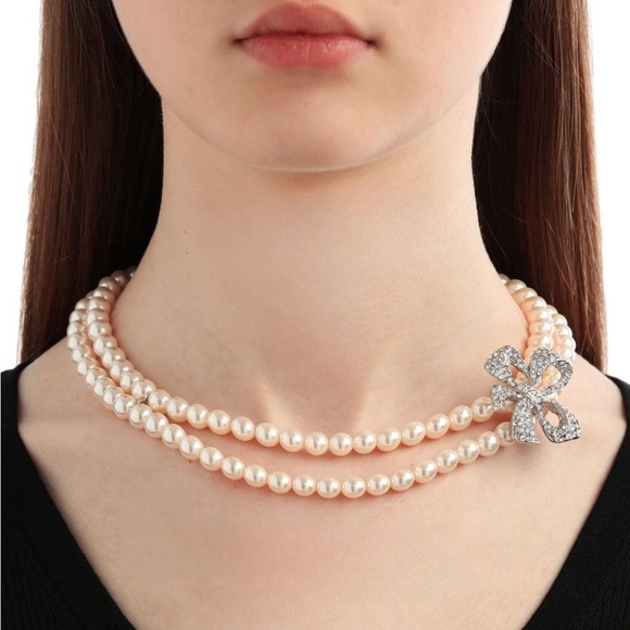Alessandra Richcrystal-bow double pearl necklace